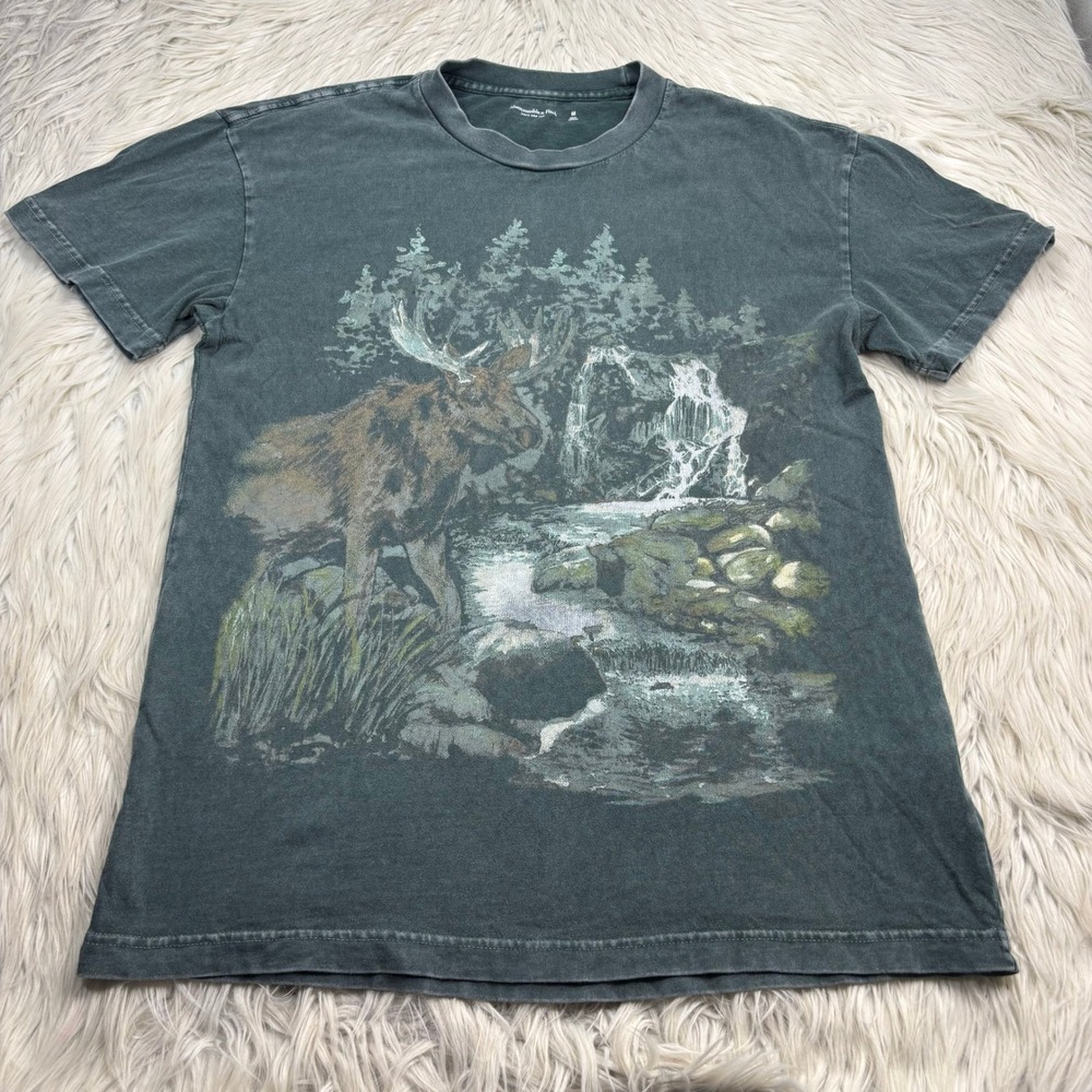 Aberombie & Fitch Men's M Green Moose Graphic Soft A&F Tee Hunting Nature